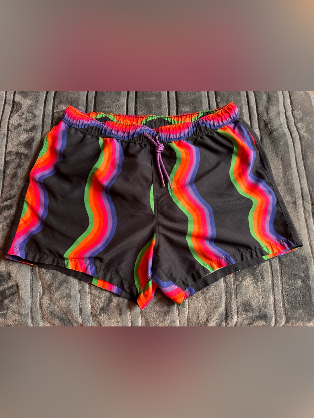 ASOS Black Shorts with Rainbow Wave Stripe swim shorts size medium